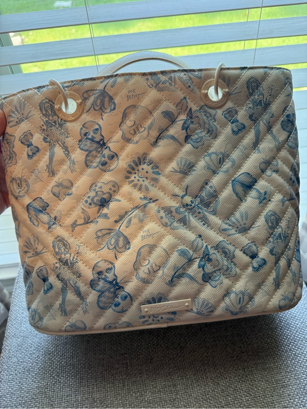 Betsey Johnson Blue Floral Skull Quilted Tote Bag